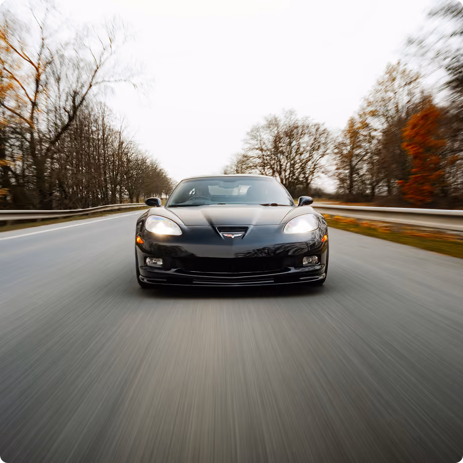 A the front of a black Corvette driving down a road, with fall coloured leaves along the sides