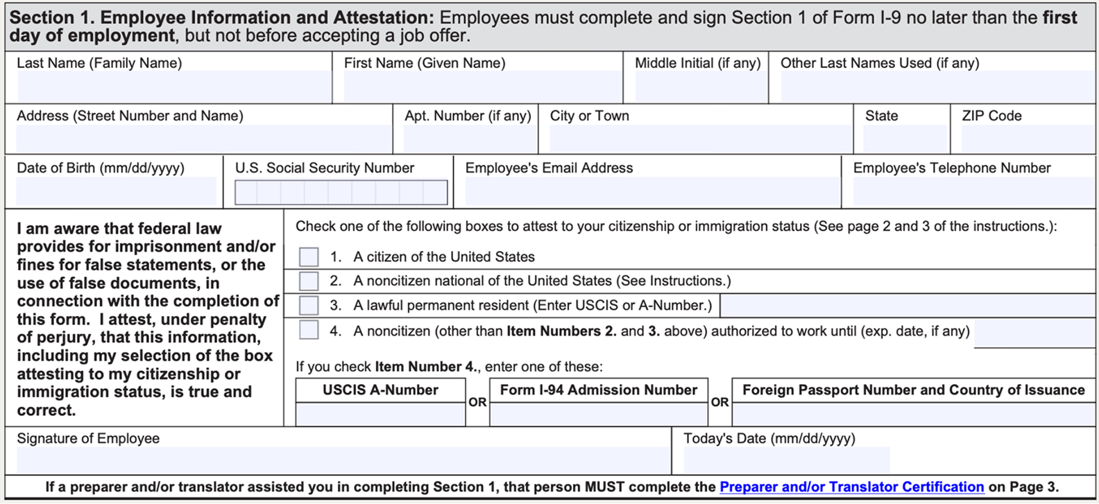 Section 1 image—"Screenshot of Form I-9 Section 1 showing employee information and attestation fields for identity and work authorization.
