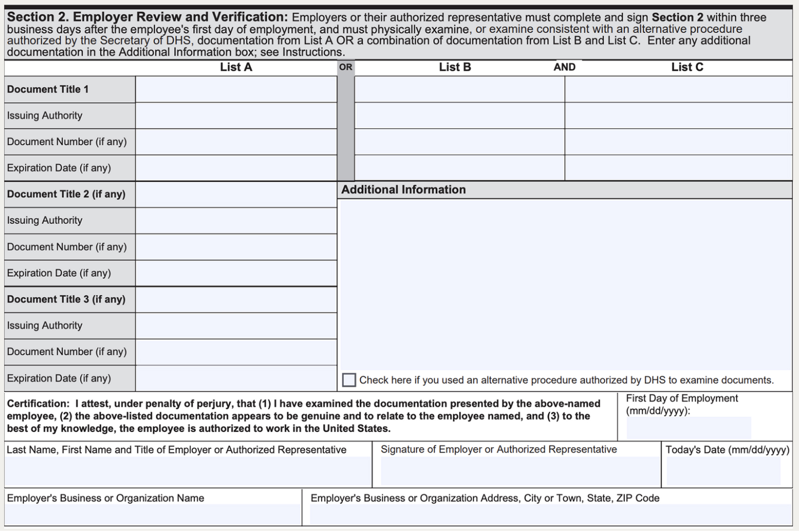 Screenshot of Form I-9 Section 2 displaying employer review and verification area, with fields for document review and employer signature.
