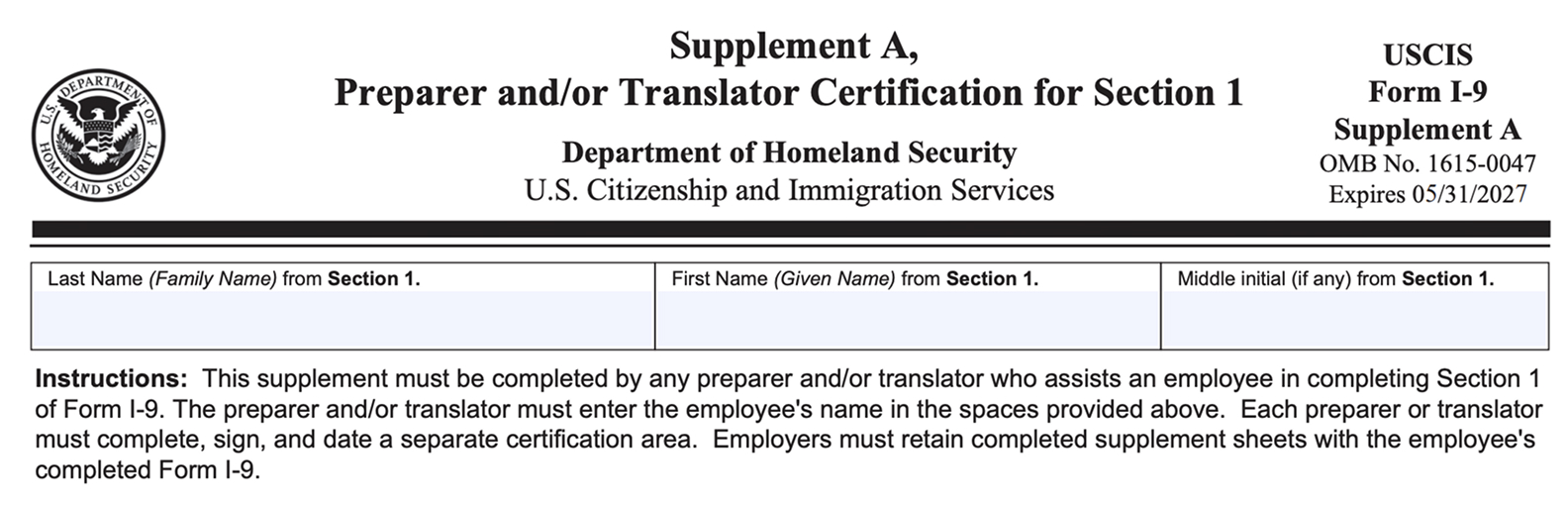 Screenshot of Form I-9 Supplement A for preparer or translator certification, used when employees need assistance completing Section 1.