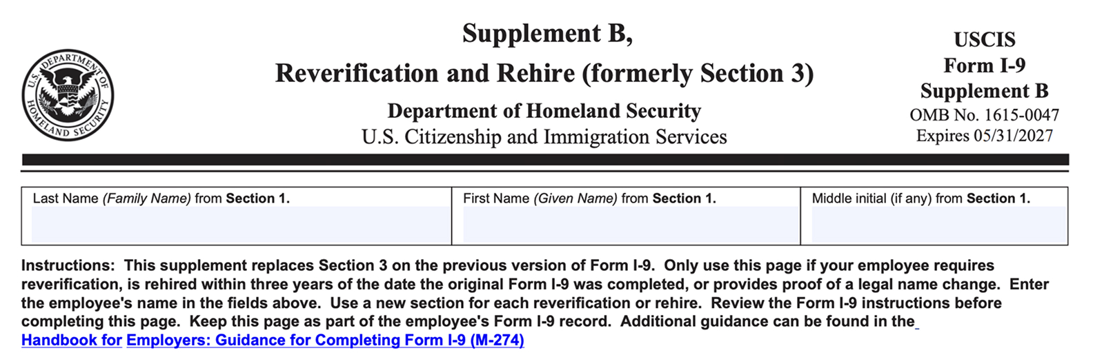 Screenshot of Form I-9 Supplement B for re-verification and rehire documentation, including expiration and name change sections.