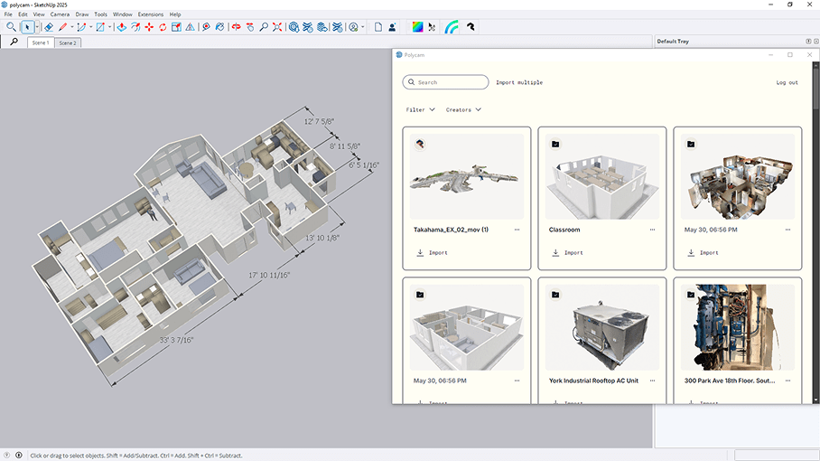 SketchUp interface showing 3D architectural floor plan with Polycam asset library panel displaying various 3D models including furniture, appliances, and building components.