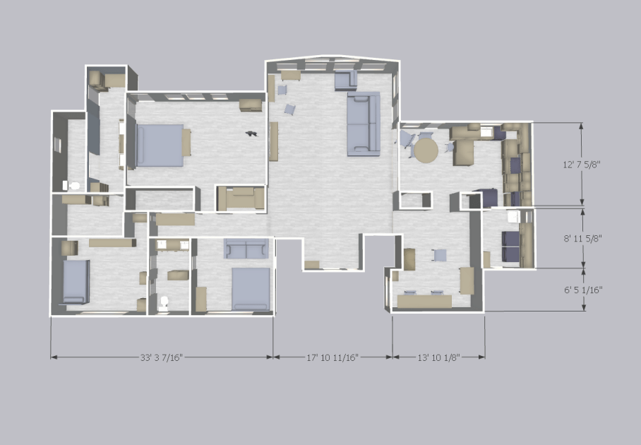 Detailed 3D floor plan view in SketchUp showing multi-room layout with furniture placement and dimensional measurements, including room dimensions
