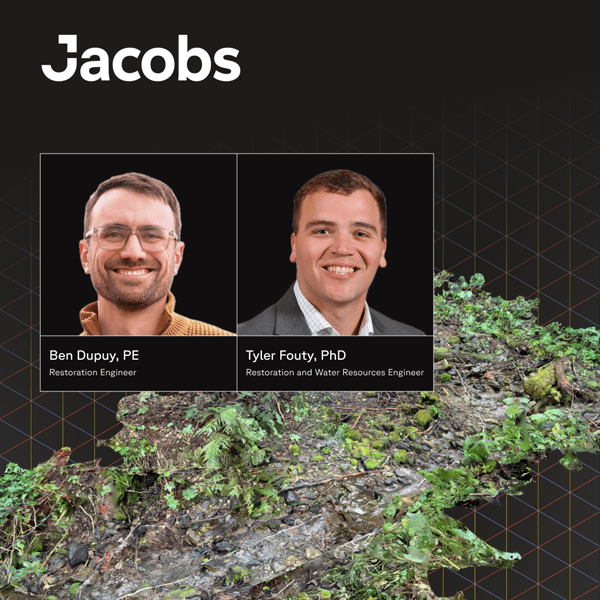 Jacobs company promotional image featuring two employee headshots in the upper left - Ben Dupuy, PE (Restoration Engineer) and Tyler Fouty, PhD (Restoration and Water Resources Engineer). The background shows a detailed 3D scan or model of a natural landscape with rocks, vegetation, and terrain features overlaid on a geometric wireframe pattern against a dark background. The Jacobs logo appears in white text at the top left.