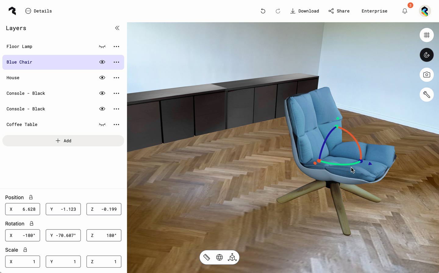 A Polycam Scenes interface showing a modern interior with a blue upholstered swivel chair on herringbone wooden flooring. Behind the chair is a black media console against light colored walls. The left panel of the interface displays layers including "Floor Lamp," "Blue Chair," "House," "Console - Black," and "Coffee Table." Transform controls show the chair's position (X: 2.749, Y: -0.186, Z: 2.646), rotation (X: -180°, Y: 31.282°, Z: -180°), and scale values (all set to 1). The chair is selected, indicated by the colored rotation arrows around it.