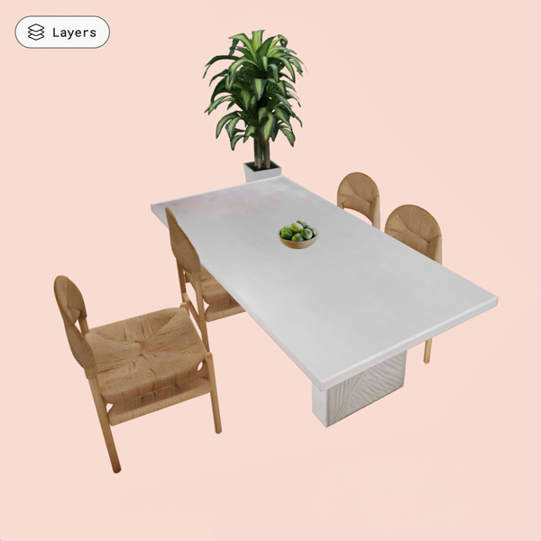 A 3D rendered dining scene featuring a rectangular white marble or light-colored stone dining table with four natural wood chairs with woven rush seats positioned around it. A small bowl of green fruit or vegetables sits on the table's surface. Behind the table stands a tall potted plant with lush green foliage in a dark planter. The entire scene is set against a soft pink background. A 'Layers' interface button is visible in the top left corner, indicating this is a 3D scene created in Polycam.