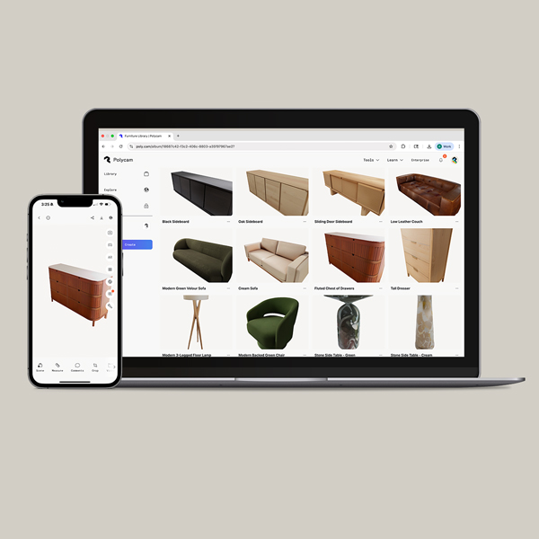 A laptop and smartphone displaying Polycam's furniture model library on a purple background. The laptop screen shows a grid of 3D furniture models including sideboards, sofas, dressers, and other furniture pieces. The smartphone displays a detailed view of a wooden dresser or chest of drawers. Both devices show the same Polycam interface for browsing and managing furniture 3D models.