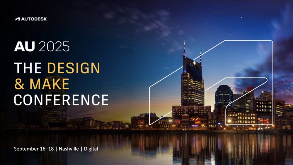 Bannière promotionnelle pour la conférence AU 2025 d'Autodesk présentant le panorama urbain de Nashville au crépuscule, reflété dans l'eau. L'image montre des gratte-ciel illuminés se détachant sur un ciel spectaculaire aux teintes violettes et orangées. Le symbole Autodesk en contours blancs ajoute une touche de modernité à la scène. Le texte indique « AU 2025 THE DESIGN & MAKE CONFERENCE » avec les détails de l'événement « 16-18 septembre | Nashville | Digital » en bas.