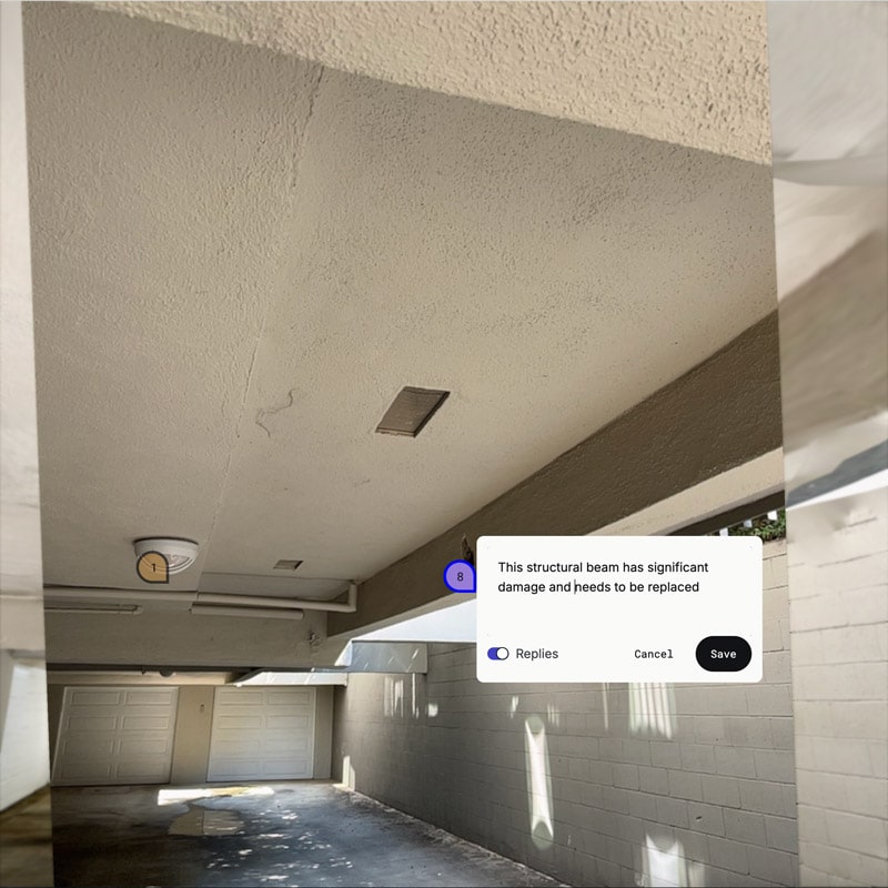 Polycam interface showing a garage interior with a comment annotation system. The view displays a textured ceiling with visible cracks and an access panel, gray painted walls, and a white garage door in the background. A photographic image is overlaid on top of the 3D scan, showing the actual appearance of the space. Purple numbered markers indicate comment locations throughout the scene, with a comment bubble visible noting structural concerns.