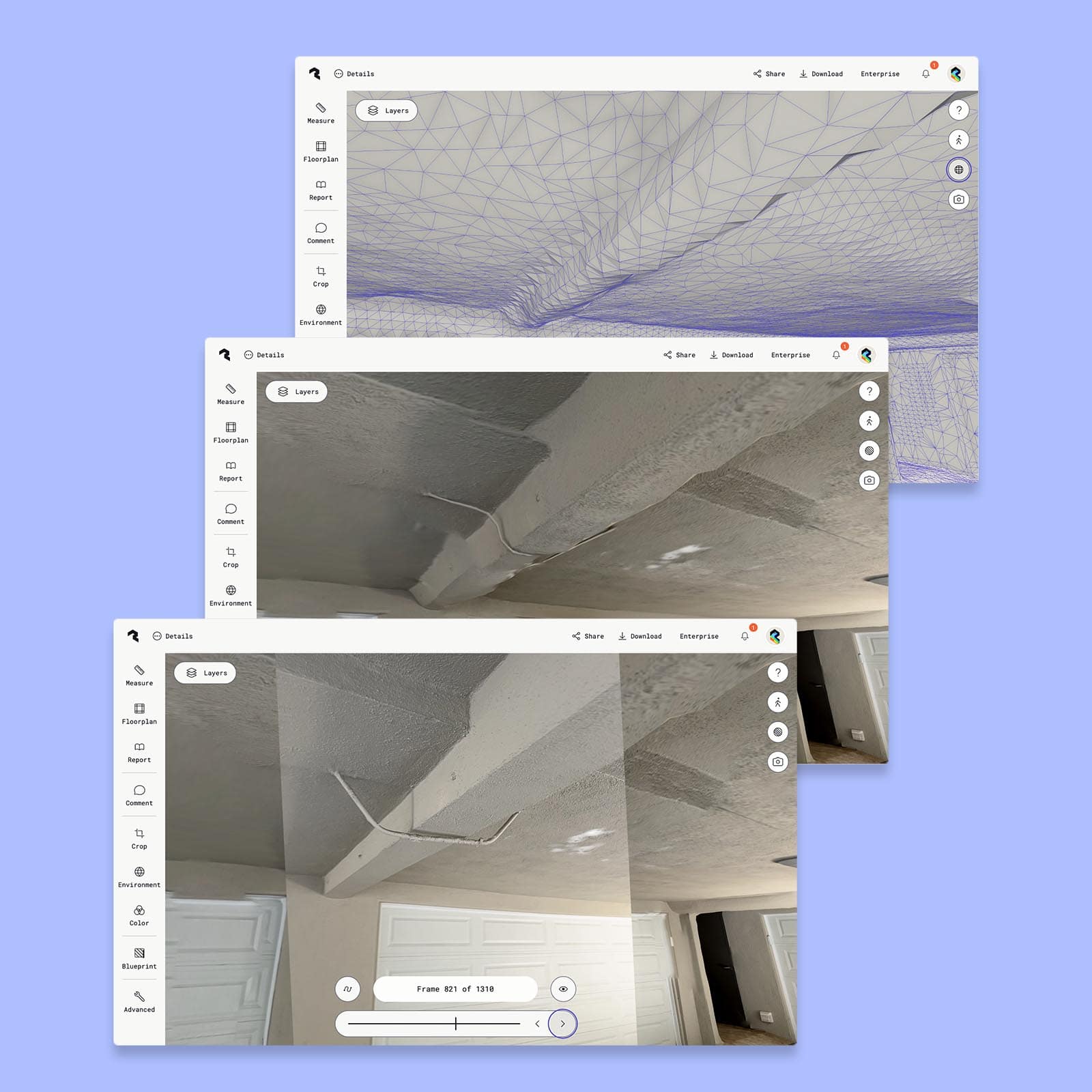 Three overlapping Polycam interface windows showing different views of a 3D scan. The top window displays a purple wireframe mesh view of a ceiling or architectural surface with visible geometric triangulation. The middle window shows a photorealistic 3D rendered view of a textured ceiling with visible cracks. The bottom window at frame 821 of 1310 shows another angle of the same ceiling with a white garage door visible at the bottom and a dark doorway in the upper right corner. Each window includes a left sidebar with tools like Measure, Floorplan, Report, Comment, Crop, Environment, Color, Blueprint, and Advanced options, along with a Layers button at the top.