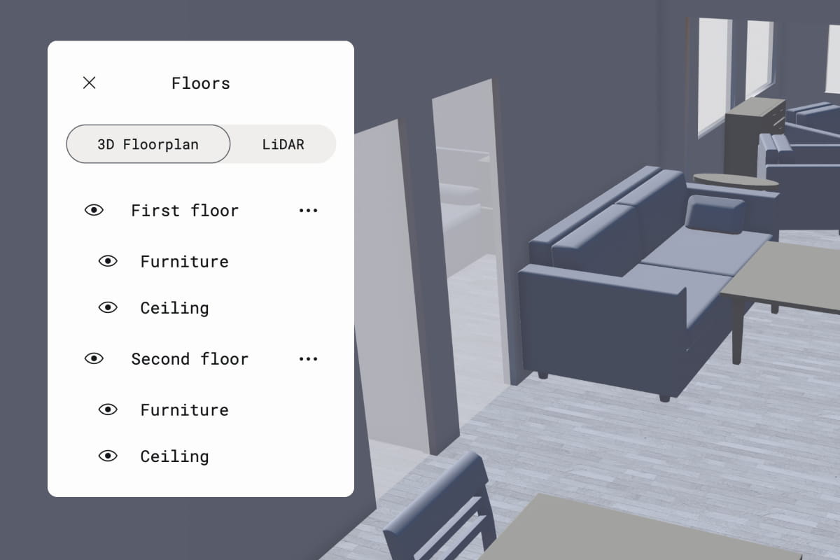 3D floorplan view with multi-floor layer controls in Polycam editor.