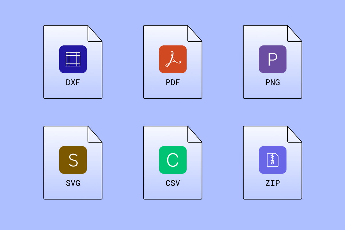 Polycam floor plan export options including DXF, PDF, PNG, SVG, CSV, and ZIP formats