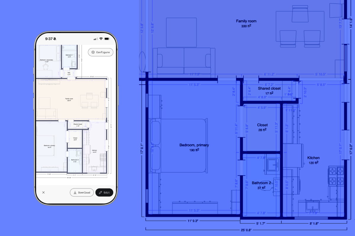Complete floor plan with room labels and measurements displayed in Polycam mobile app.