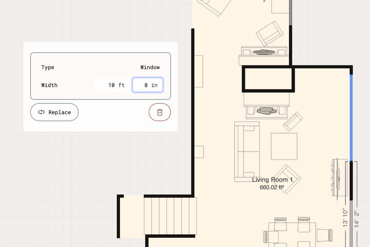 Editable window measurements and room dimensions on a Polycam floor plan.