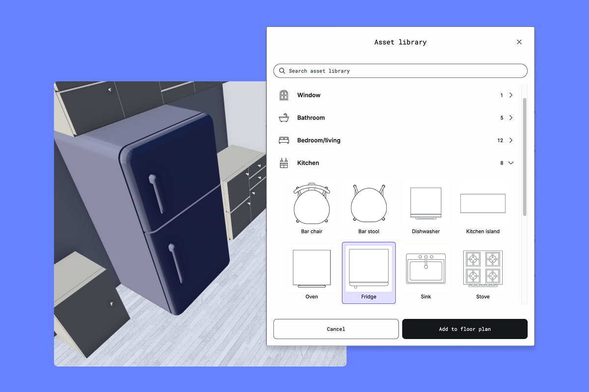 Polycam object library showing furniture options to add to a 3D floor plan.