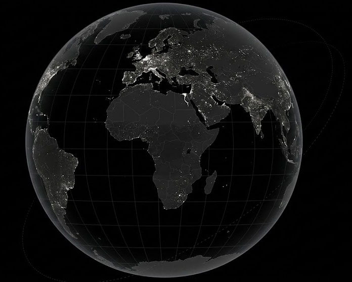 Dark globe showing Europe, Africa, and Asia with city lights highlighting populated areas at night.