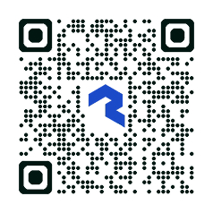 Black and white QR code with a blue stylized letter R in the center.