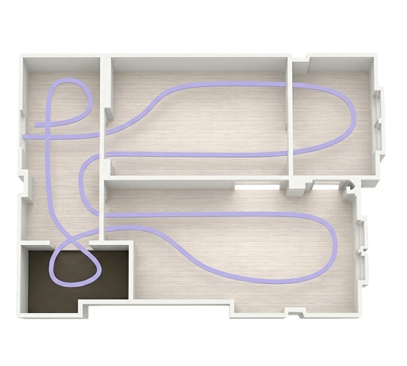 Top view of empty floor plan with interconnected rooms and a purple path line crossing the spaces.