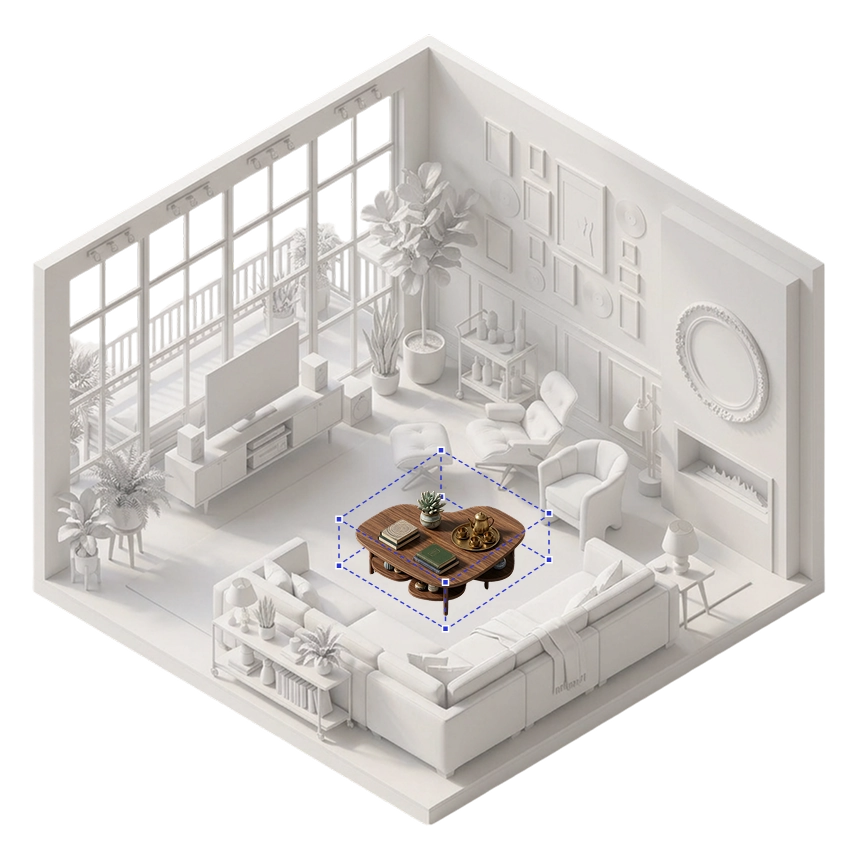 Isometric modern living room with large windows, white furniture, and a wooden coffee table with decor.