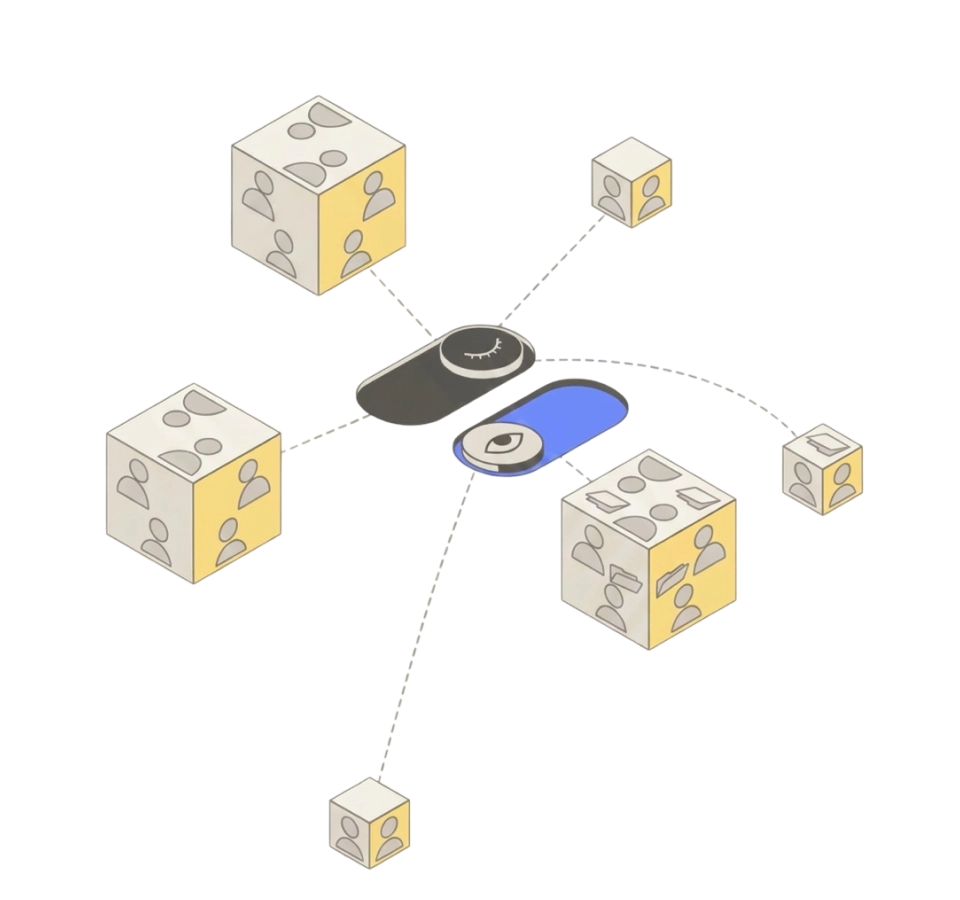 Illustration of connected cubes with person icons linked to two toggle switches, one black, one blue.