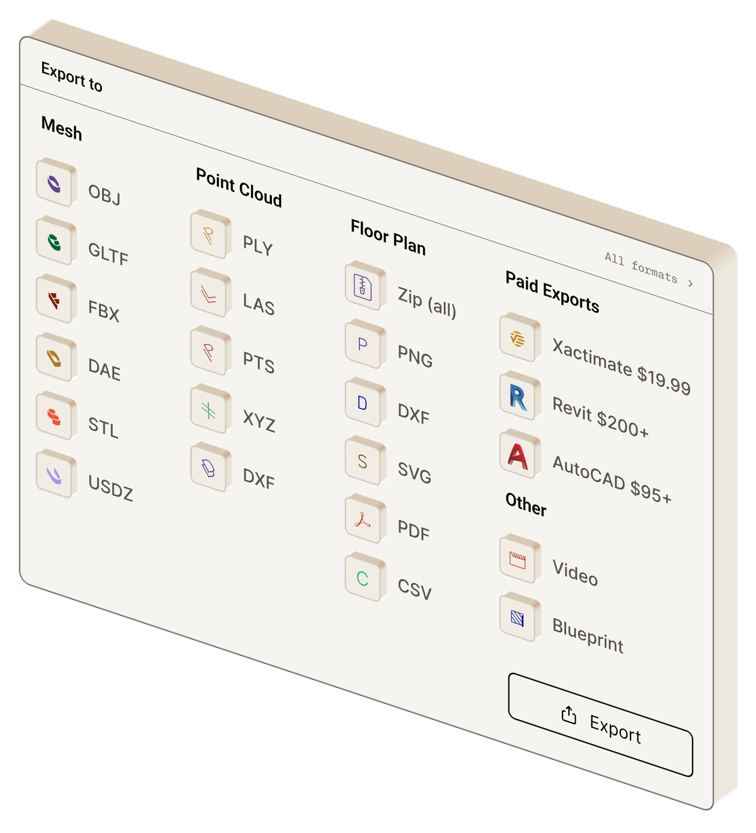 Interface showing export options for Mesh, Point Cloud, Floor Plan, paid exports, and other categories.