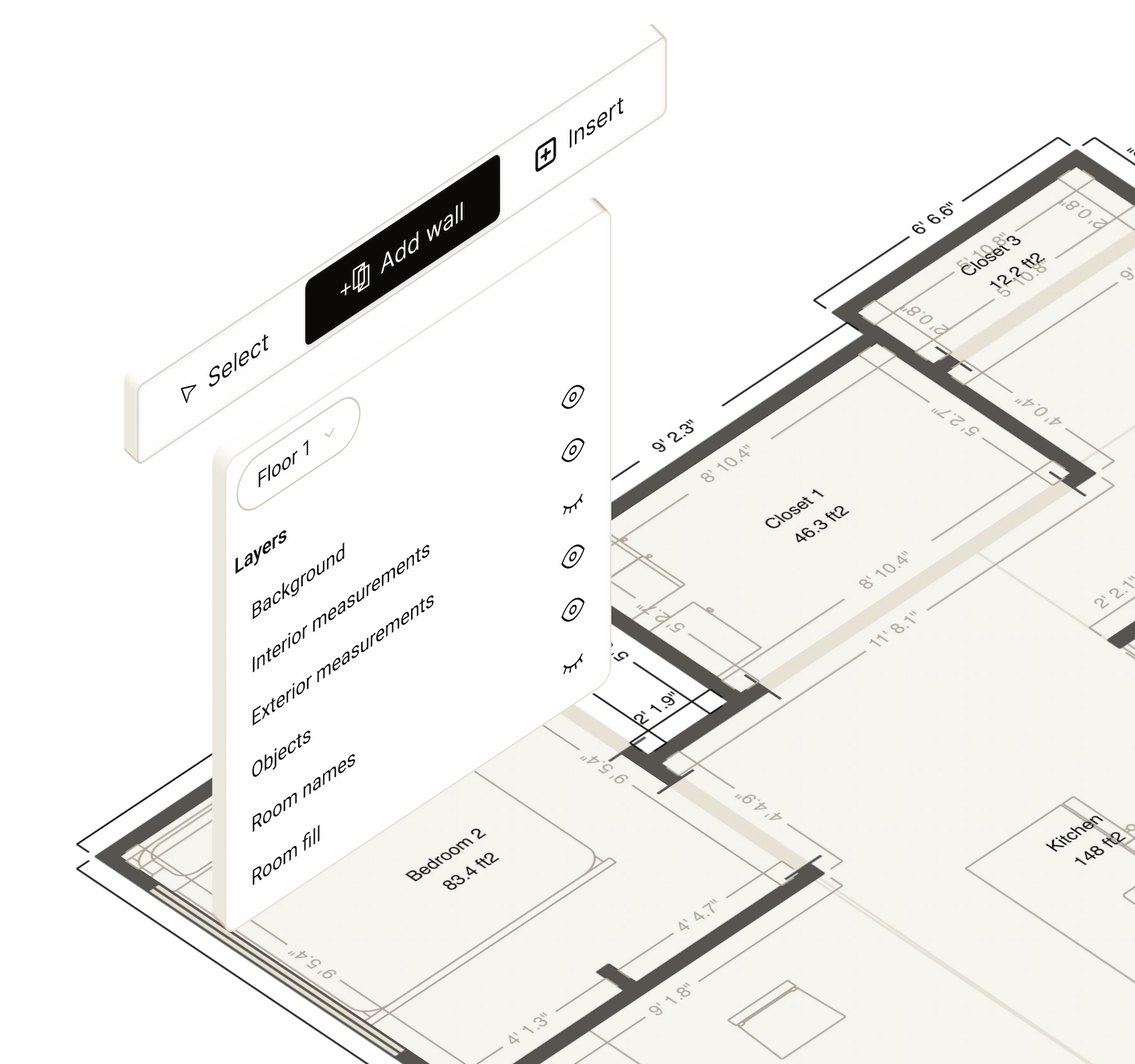 User interface of a floor plan app showing layer options and buttons for selecting and adding walls.