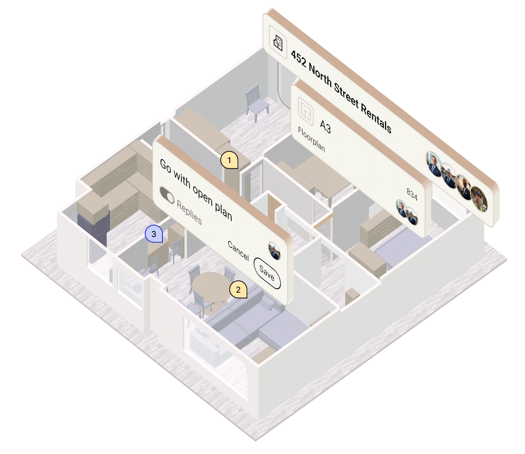 3D floor plan of an apartment with kitchen, living area, multiple rooms, and overlay labels for rentals and design notes.