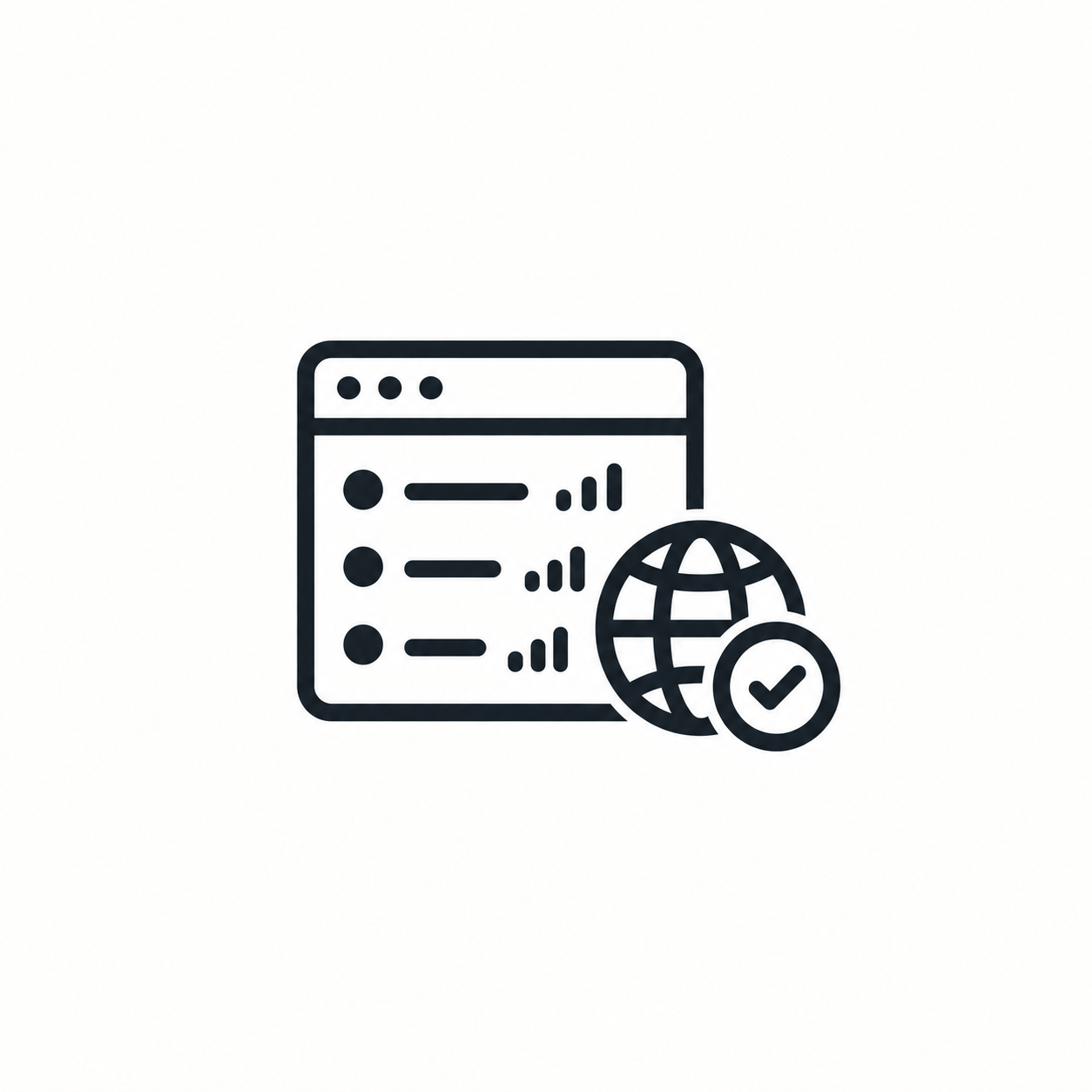 Symbol eines Webbrowser-Fensters mit drei aufgelisteten Elementen, jeweils mit einem Signalstärkebalken, neben einem Globussymbol mit einem Häkchen, das eine verifizierte oder sichere globale Internetverbindung anzeigt.