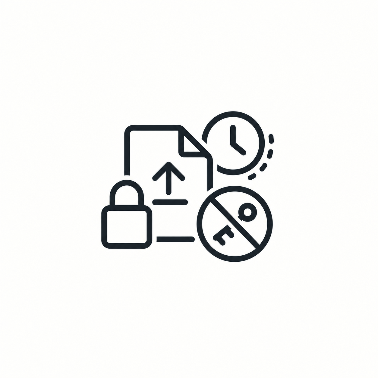 Symbol eines Dokuments mit einem Upload-Pfeil, einem Vorhängeschloss für Sicherheit, einer Uhr für Zeit und einem durchgestrichenen Schlüssel, der eingeschränkten Zugriff anzeigt.
