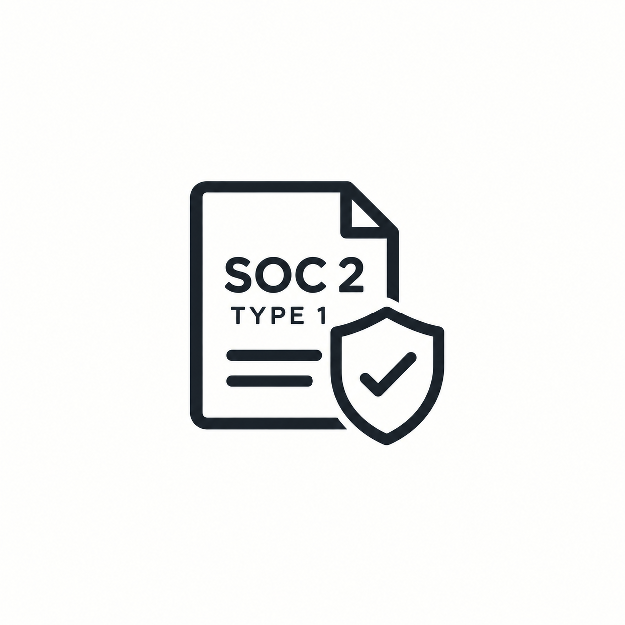 Symbol eines Dokuments mit der Aufschrift „SOC 2 TYPE 1“ und einem Schild mit einem Häkchen davor, das die Sicherheitskonformität symbolisiert.