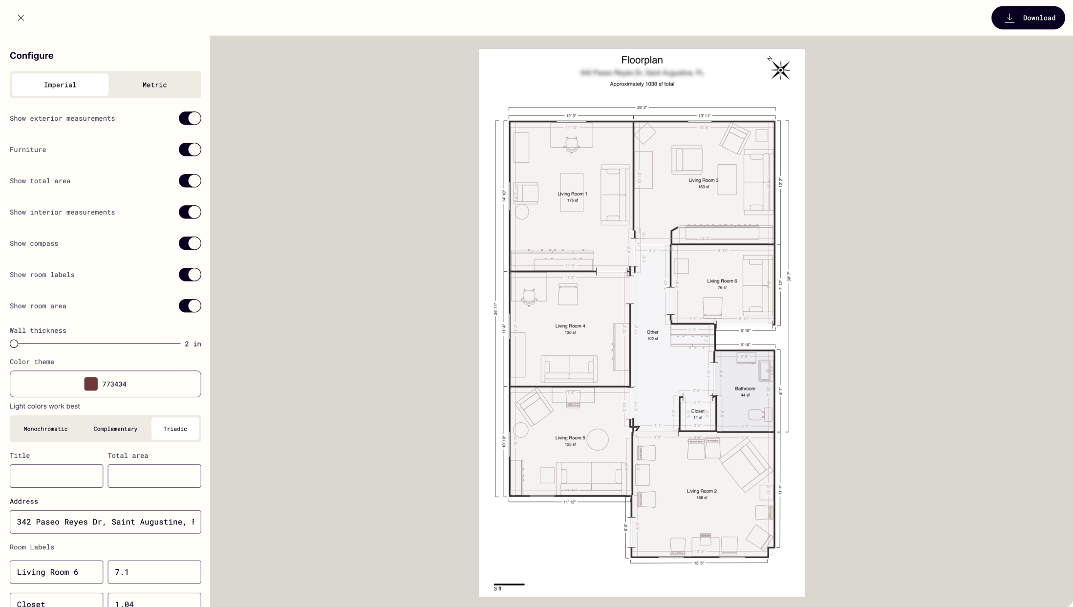 Polycam's floor plan configuration interface showing a residential property layout. The interface displays various toggle options on the left including exterior measurements, furniture, total area, interior measurements, compass, room labels, room area, wall thickness, and color theme settings. The main floor plan shows multiple rooms including living areas, bedrooms, bathrooms, and other spaces with detailed measurements and labels.