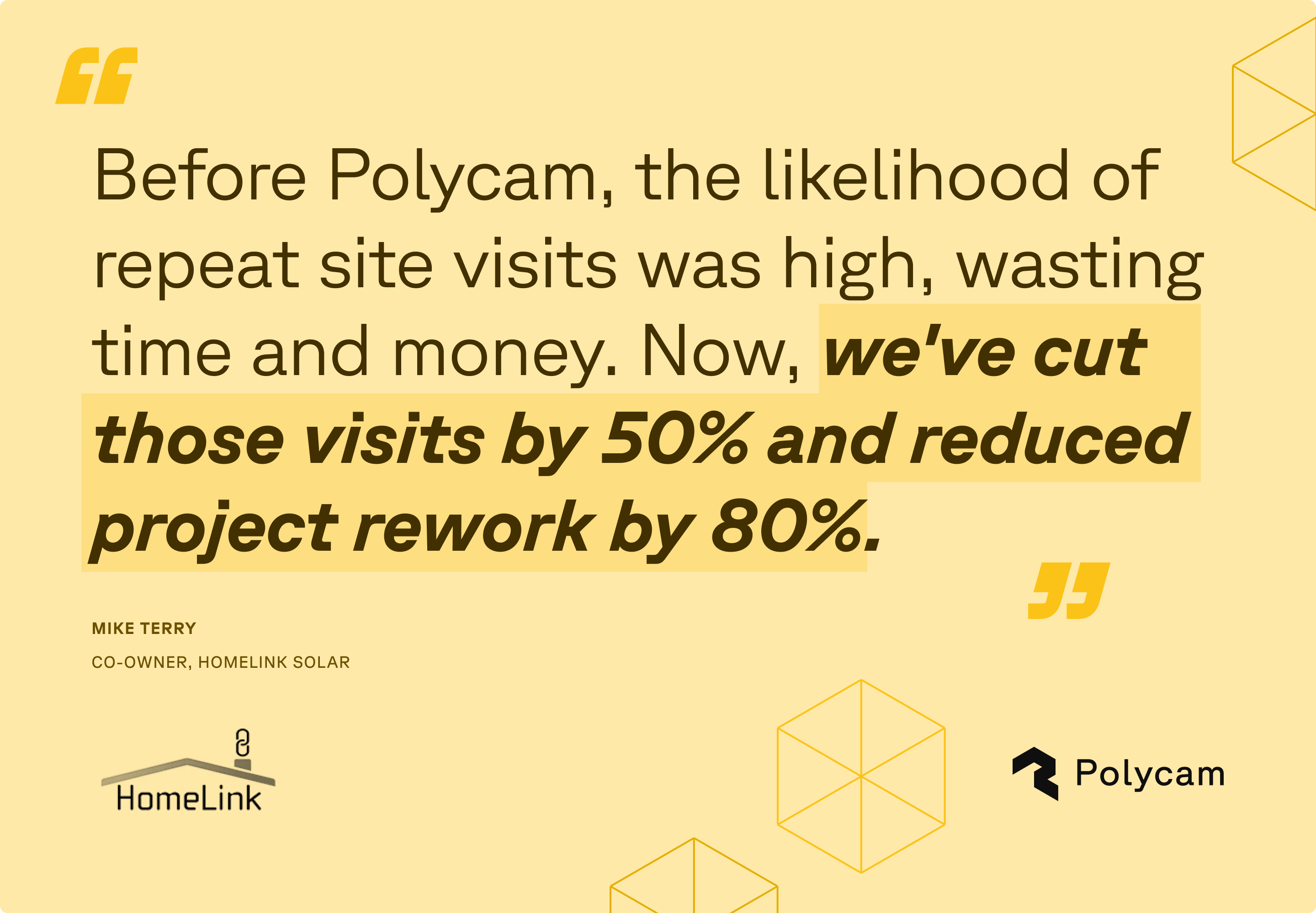 Marketing testimonial graphic with yellow background featuring a quote from Mike Terry, Co-owner of HomeLink Solar, stating "Before Polycam, the likelihood of repeat site visits was high, wasting time and money. Now, we've cut those visits by 50% and reduced project rework by 80%." The HomeLink Solar and Polycam logos are displayed at the bottom.