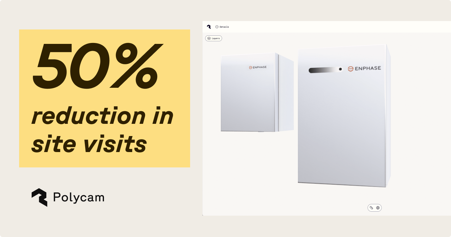 Split-screen marketing graphic showing "50% reduction in site visits" text on a yellow background on the left, with Polycam's interface displaying white Enphase electrical equipment on the right. The Polycam logo appears in the bottom left corner.