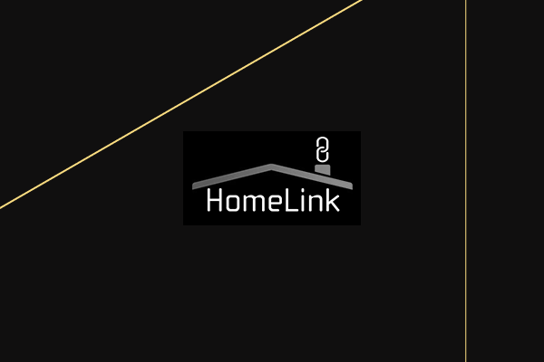 HomeLink Solar company logo on a dark background with geometric yellow line accents. The logo features a stylized house roof design in gray above the text "HomeLink" in white letters.