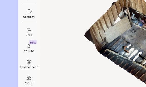 Left sidebar menu showing measurement tools including Comment, Crop, Volume (marked as BETA), Environment, and Color options. The Volume tool icon shows a 3D cube symbol.