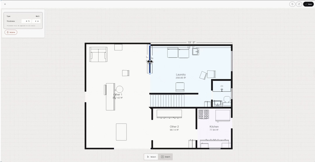 Polycam floor plan editor displaying multi-room layout with dining room, laundry, office, and kitchen spaces.