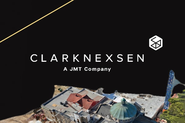 Clark Nexsen logo on background of 3D drone scan.