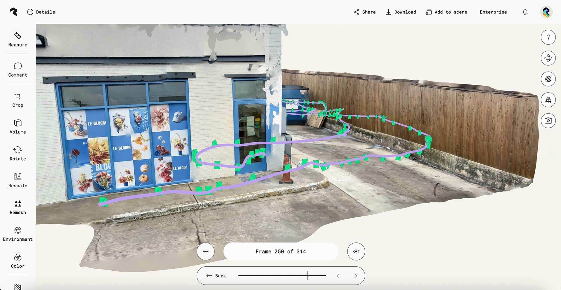 Polycam virtual walkthrough of an outdoor courtyard showing a 3D scan of existing conditions with green navigation points marking the walking path. The interface displays editing tools on the left sidebar and Walkthrough navigation at the bottom.
