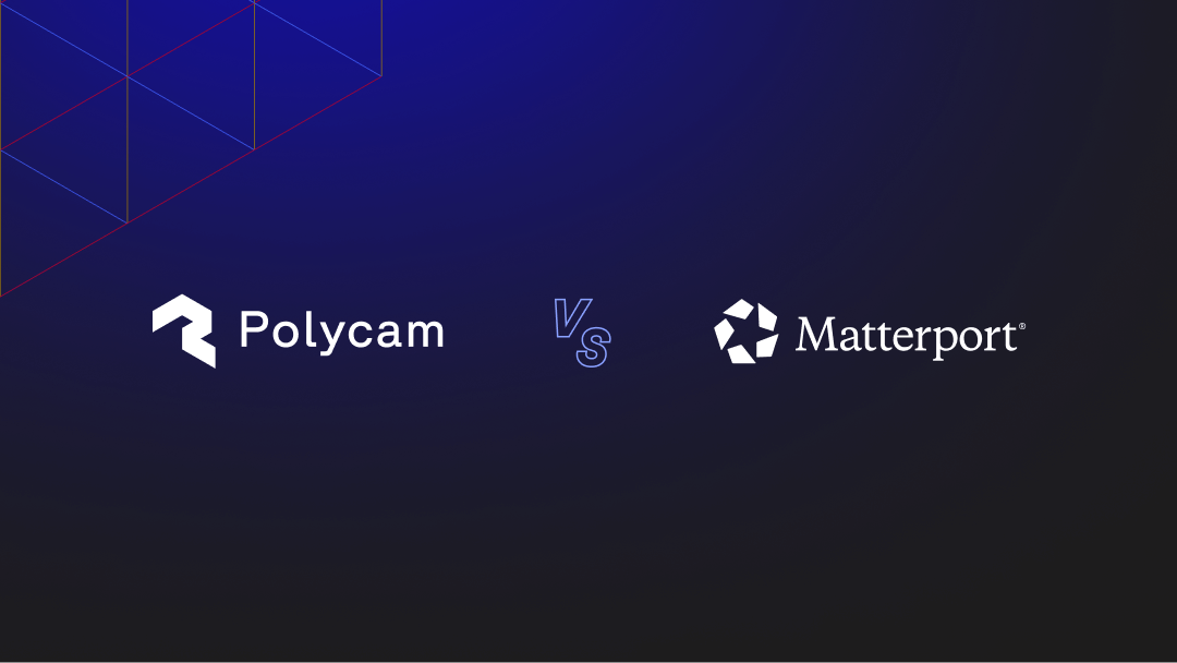 Polycam vs Matterport comparison graphic with brand logos on dark gradient background with geometric line pattern