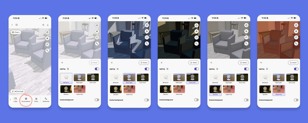 Six screenshots of the Polycam app showing a 3D chair rendered under different lighting settings, including Daylight, Overcast, Sunset, and Colorful.