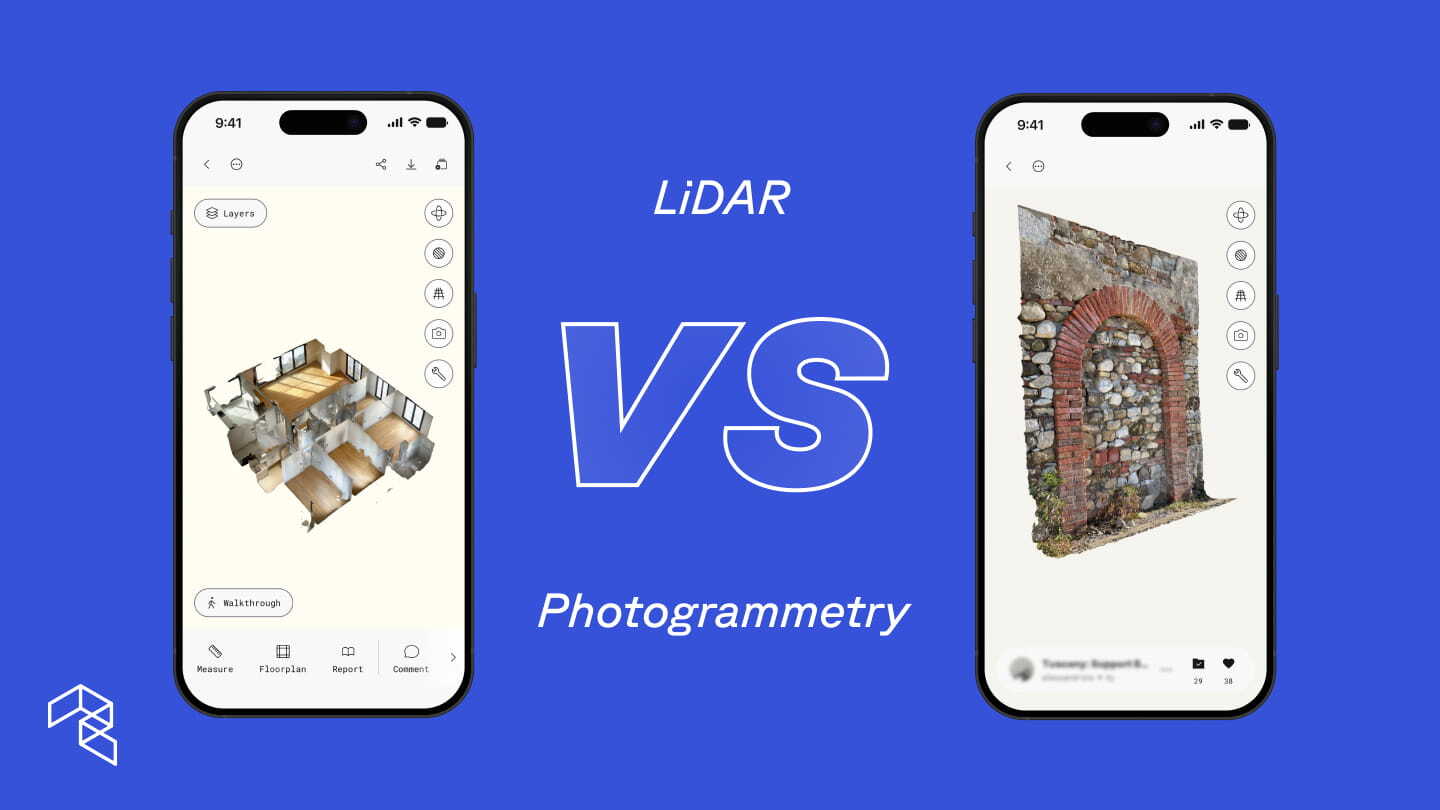 Two smartphones side by side displaying the Polycam app, with "LiDAR vs Photogrammetry" written in bold white text between them — the left phone shows a LiDAR scan of an indoor floor plan, and the right shows a photogrammetry scan of an old stone and brick