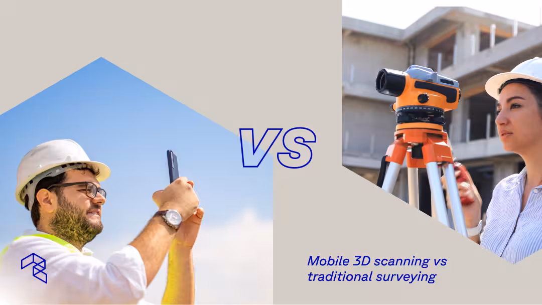 Two side-by-side photos with a "VS" graphic between them and the text "Mobile 3D scanning vs traditional surveying" — on the left, a construction worker in a hard hat and safety vest holds up a smartphone, and on the right, a woman in a hard hat stands nex