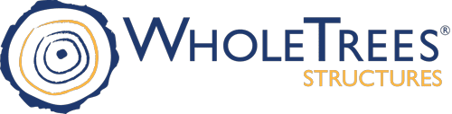 WholeTrees Structures logo featuring a stylized tree ring cross-section icon in dark navy blue on the left, alongside the text "WholeTrees" in bold dark navy and "STRUCTURES" in gold/amber beneath it, with a registered trademark symbol.