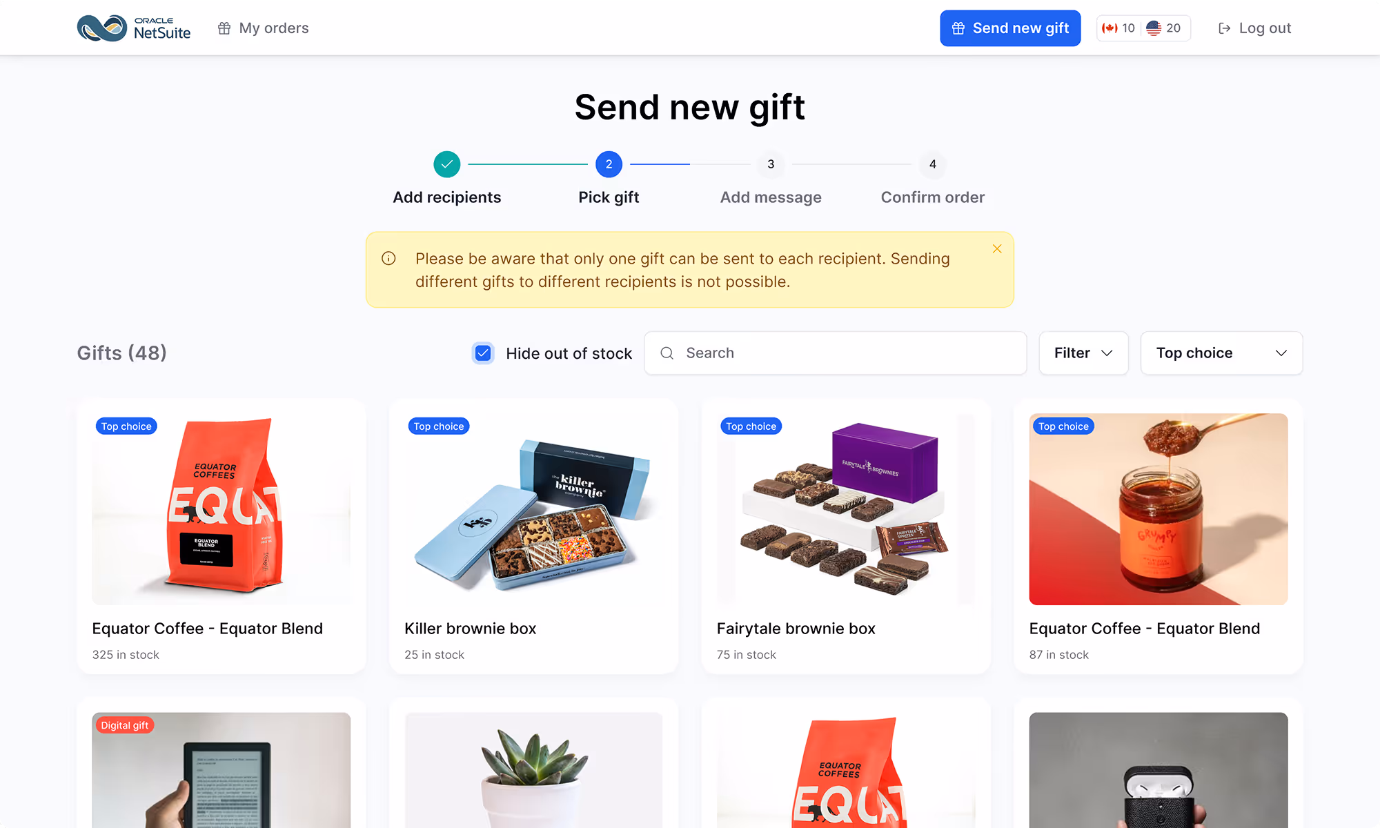 Gift selection screen from Oracle NetSuite’s gifting feature. Users are in step 2 of the flow, selecting from options like coffee, brownies, and digital gifts. Interface includes filters, inventory status, and a progress bar.