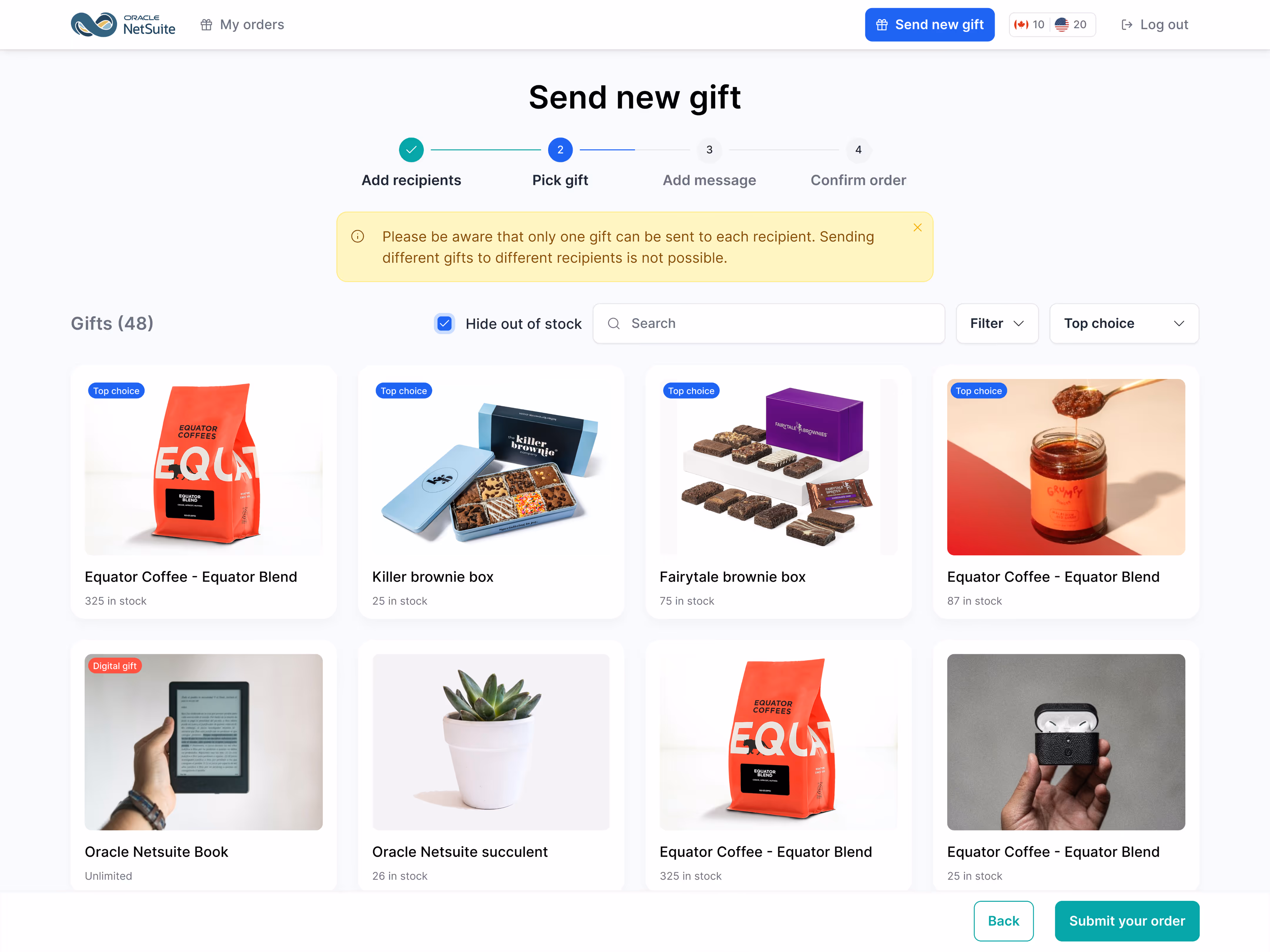 Screenshot of the "Send new gift" interface in Oracle NetSuite’s gifting platform. The page shows step 2 of 4: "Pick gift." A notification warns users that only one gift can be sent to each recipient. Below, a grid of gift options is displayed with images and stock levels, including items like Equator Coffee, a Killer brownie box, Fairytale brownie box, Oracle NetSuite Book (digital gift), a succulent, and an AirPods case. A "Top choice" label highlights select gifts. Filter and search options are visible, along with buttons to go back or "Submit your order.