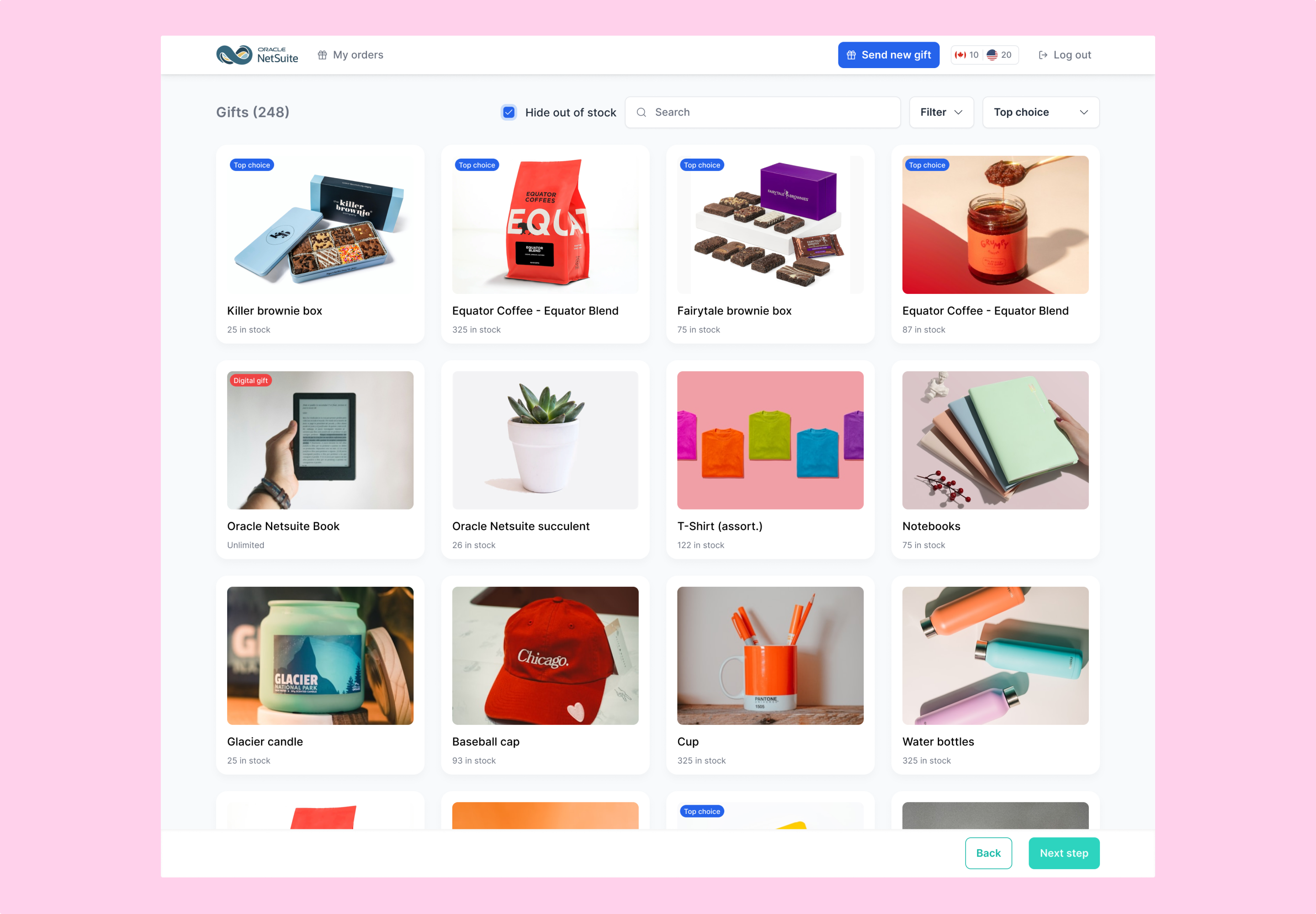 Interface of the Oracle NetSuite gifting portal created by Born West, showcasing curated gifts and seamless order management — a scalable enterprise e-commerce experience integrating design and engineering.