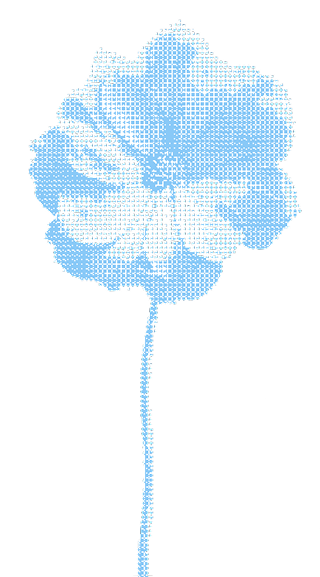 Pixelated blue flower with a long stem on a transparent background.