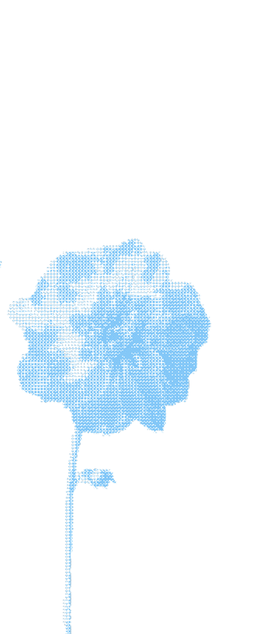 Blue digital halftone-style rose with a stem and a single leaf on a white background.