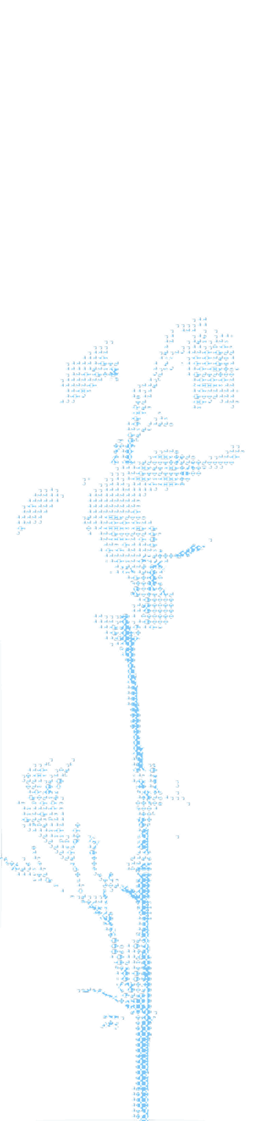 Minimalist blue dot pattern forming the outline of a flower with stem and leaves on white background.