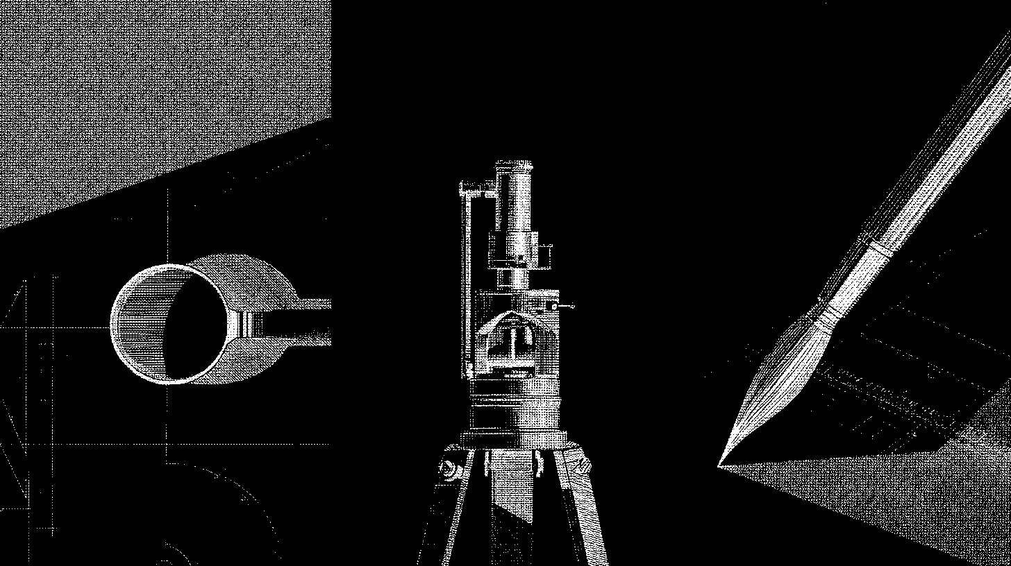 Black and white illustration of a theodolite tripod instrument between a paintbrush and a caliper.